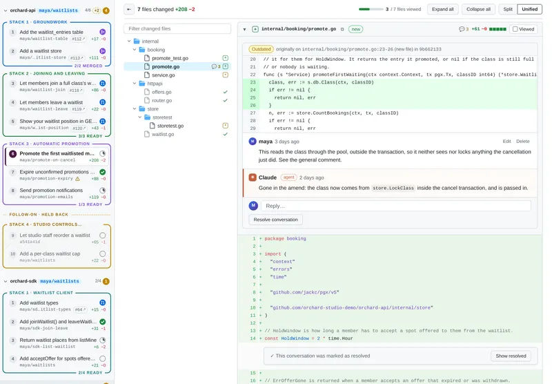 The Files changed tab: the file tree on the left, a diff in unified view with a range of lines tinted and a thread under them, and Viewed checkboxes on each file