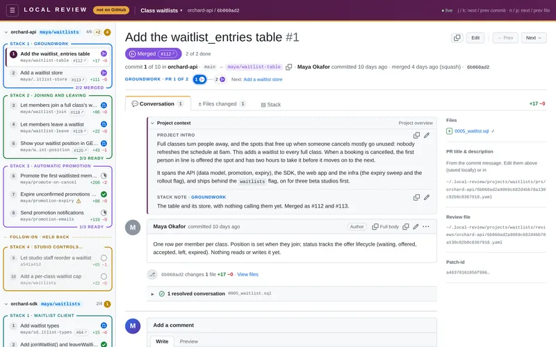 A merged PR in Local Review: a purple Merged pill with its GitHub number in the header, "merged 4 days ago (squash)" below it, and its stack in the sidebar reading 2/2 merged