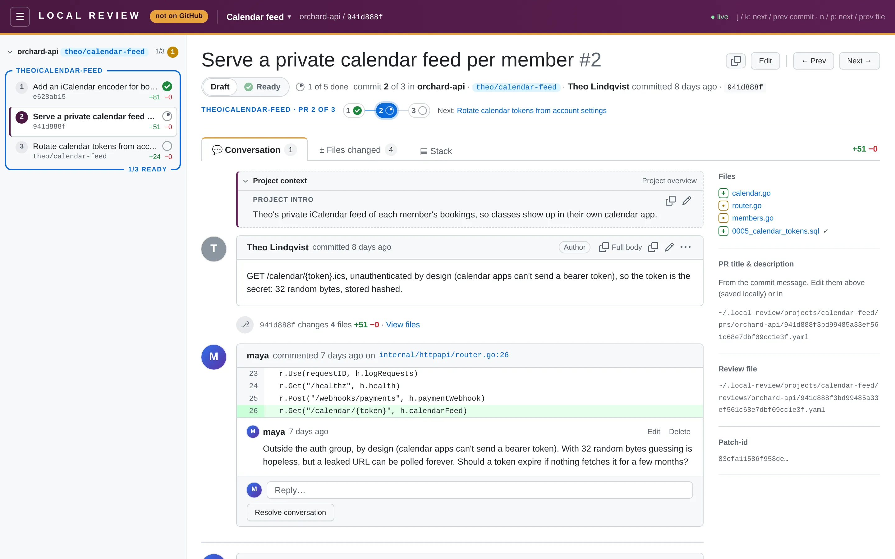 A project with one repo and no `stacks:` yet: the whole range is one stack, named after the branch. Local Review showing a one-repo project with no stacks configured: its commits form a single stack in the sidebar, and the first PR is open